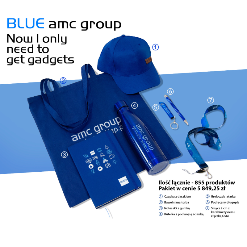 Pakiet gadżetów reklamowych na targi z własnym nadrukiem, logo firmy - Blue AMC GROUP