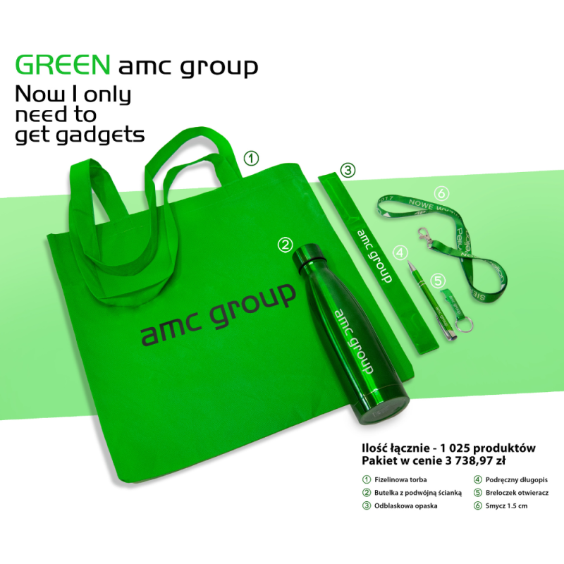 Pakiet gadżetów reklamowych na targi z własnym nadrukiem, logo firmy - Green AMC GROUP