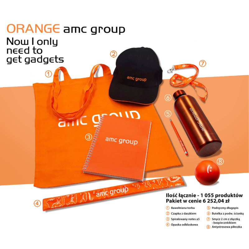 Pakiet gadżetów reklamowych na targi z własnym nadrukiem, logo firmy - Orange AMC GROUP