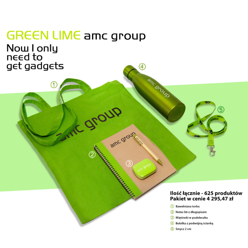 Pakiet gadżetów reklamowych na targi z własnym nadrukiem, logo firmy - Green Lime AMC GROUP