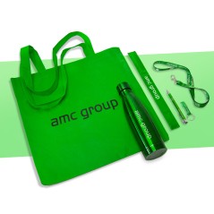 Pakiet gadżetów reklamowych na targi z własnym nadrukiem, logo firmy - Green AMC GROUP