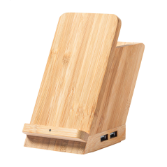 Wielofunkcyjny bambusowy stojak biurkowy z ładowarką indukcyjną, hubem USB i Twoim logo