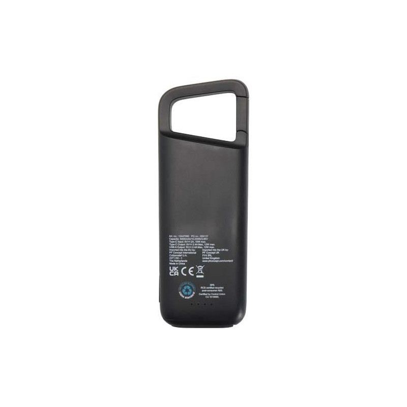 Alkes wodoodporny powerbank z karabińczykiem o pojemności 5000 mAh i mocy 12 W, wykonany z tworzyw sztucznych pochodzących z rec